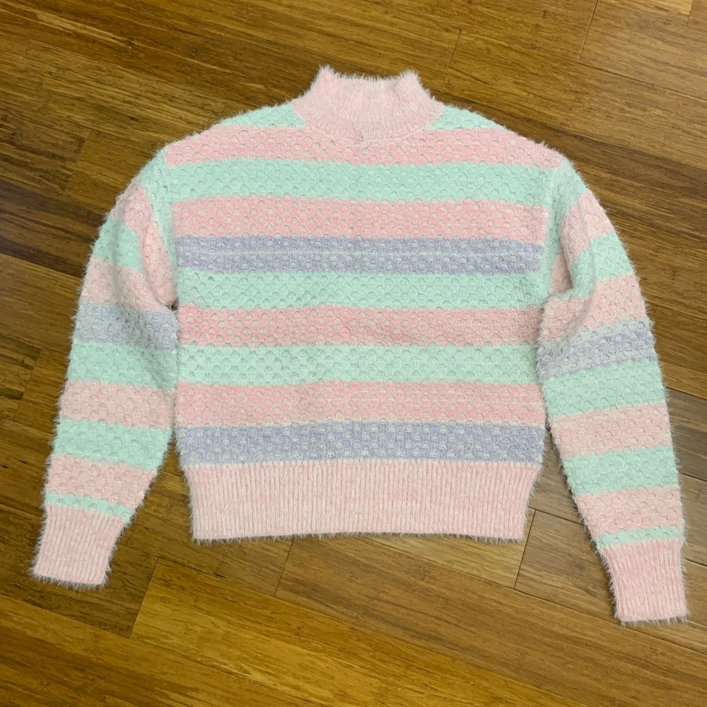 MAJOR Label Group‎ Striped Fuzzy Mock Neck Sweater XS Pink Purple Pastel Fluffy